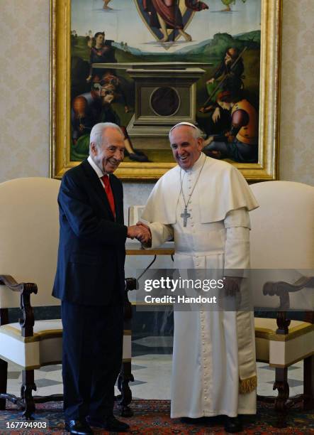 Israeli President Shimon Peres meets with Pope Francis on April 30, 2013 at the Vatican, Italy. Peres is in town to meet with various leaders of...