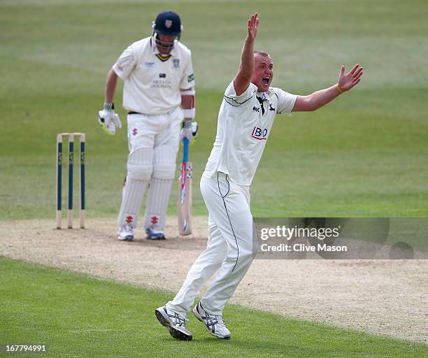 Luke Fletcher of Nottinghamshire appeals unsuccesfully for the wicket of Dale Benkenstein of Durham during day two of the LV County Championship...