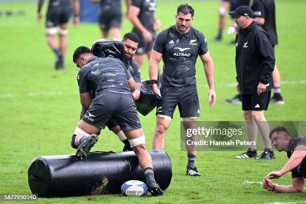 Ardie Savea and Tupou Vaa'i of the All Blacks run through drills during a New Zealand All Blacks training session at LOU rugby club ahead of their...