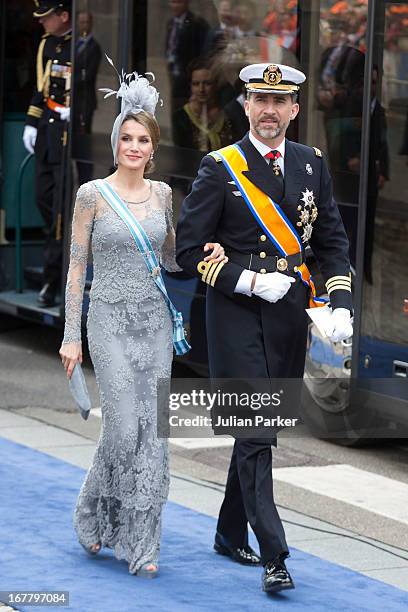 Crown Prince Felipe, and Crown Princess Letizia of Spain arrive at the Nieuwe Kerk in Amsterdam for the inauguration ceremony of King Willem...