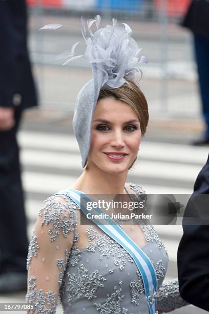 Crown Princess Letizia of Spain arrives at the Nieuwe Kerk in Amsterdam for the inauguration ceremony of King Willem Alexander of the Netherlands, on...