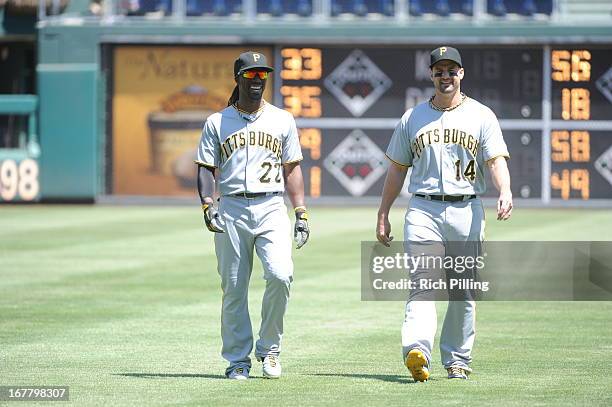 Gaby Sanchez, right of the Pittsburgh Pirates and Andrew McCutchen are seen prior to the game against the Philadelphia Phillies at Citizens Bank Park...