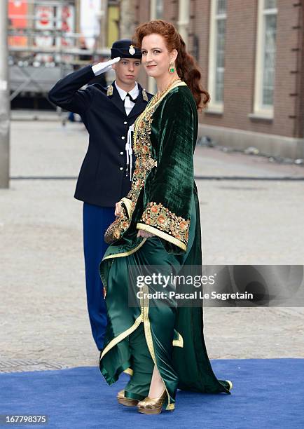 Princess Lalla Salma of Morocco departs the Nieuwe Kerk to return to the Royal Palace after the abdication of Queen Beatrix of the Netherlands and...