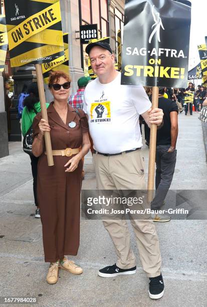 Susan Sarandon and John Carroll Lynch are seen at the SAG-AFTRA picket line on September 20, 2023 in New York City.