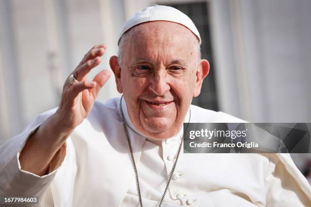 Pope Francis greets faithful during his weekly general audience at St. Peter's Square on September 13, 2023 in Vatican City, Vatican.
