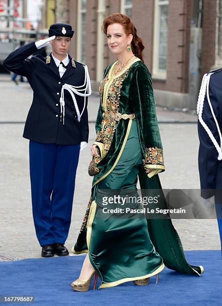 Princess Lalla Salma of Morocco departs the Nieuwe Kerk to return to the Royal Palace after the abdication of Queen Beatrix of the Netherlands and...
