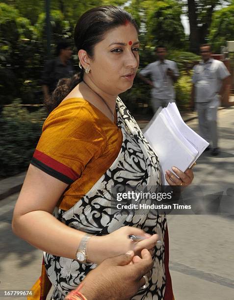 Vice president BJP and Rajya Sabha MP Smriti Irani after attending ongoing Parliament Budget session on April 30, 2013 in New Delhi, India....