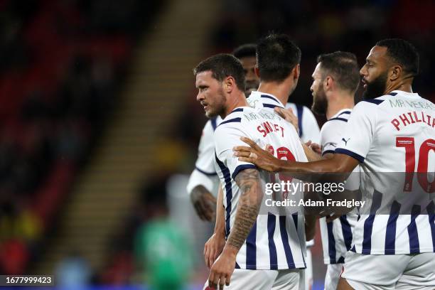 John Swift of West Bromwich Albion celebrates after scoring a goal to make it 1-1 with Matt Phillips of West Bromwich Albion during the Sky Bet...