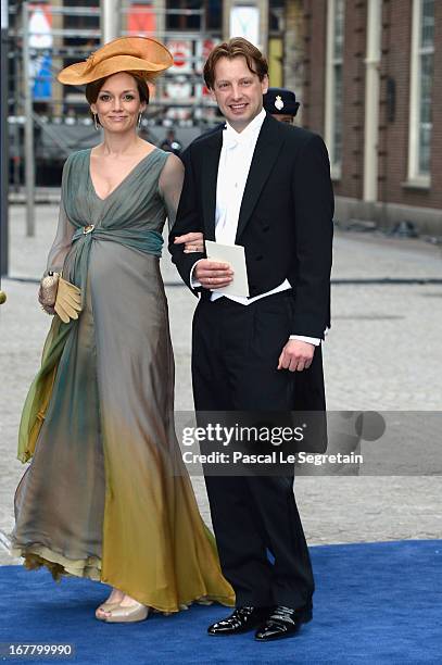 Prince Floris of Orange-Nassau and Princess Aimee of Orange-Nassau depart the Nieuwe Kerk to return to the Royal Palace after the abdication of Queen...