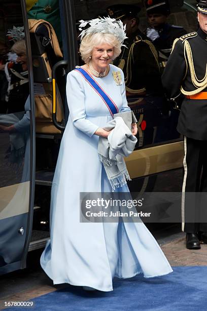 Camilla, The Duchess of Cornwall arrives at the Nieuwe Kerk in Amsterdam for the inauguration ceremony of King Willem Alexander of the Netherlands,...