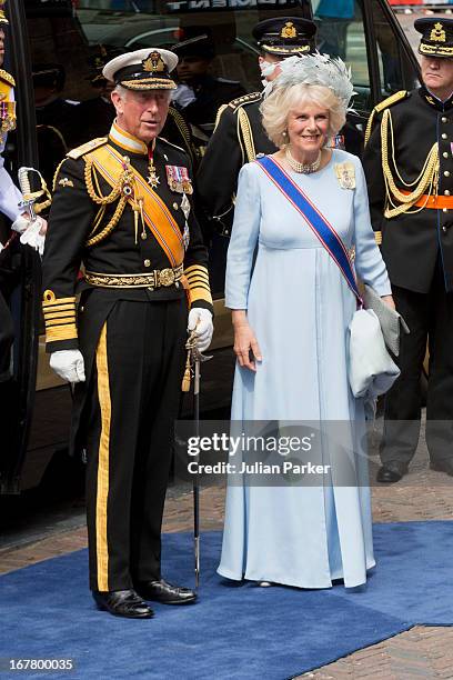 Charles, The Prince of Wales, and Camilla, The Duchess of Cornwall arrive at the Nieuwe Kerk in Amsterdam for the inauguration ceremony of King...