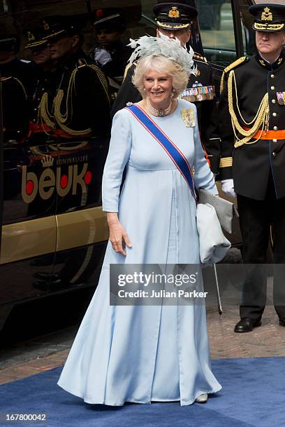 Camilla, The Duchess of Cornwall arrives at the Nieuwe Kerk in Amsterdam for the inauguration ceremony of King Willem Alexander of the Netherlands,...