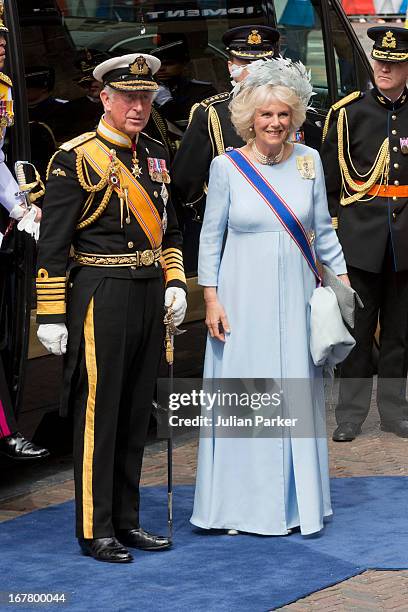 Charles, The Prince of Wales, and Camilla, The Duchess of Cornwall arrive at the Nieuwe Kerk in Amsterdam for the inauguration ceremony of King...