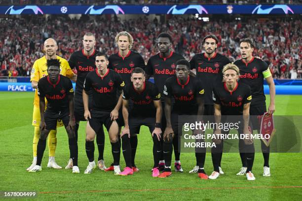 Salzburg team pose prior to the UEFA Champions League 1st round day 1 group D football match between SL Benfica and RB Salzburg at the Luz stadium in...