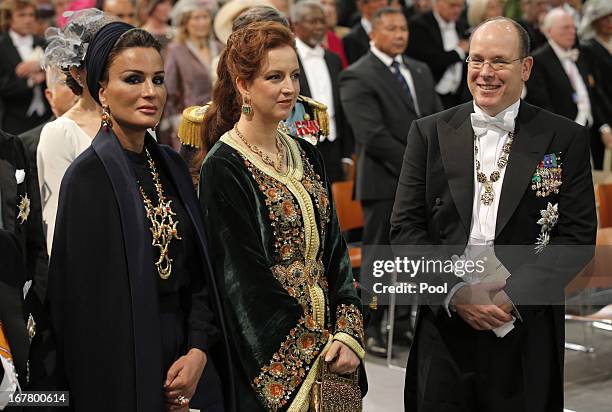 Sjeikha Moza bint Nasser al Misned of Qatar, Princess Lalla Salma of Morocco and Prince Albert II of Monaco attend the inauguration of HM King Willem...