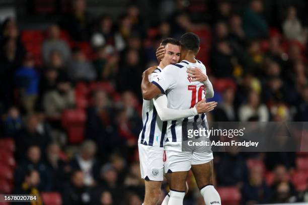 Jed Wallace of West Bromwich Albion celebrates with Matt Phillips of West Bromwich Albion after scoring a goal to make it 1-2 during the Sky Bet...