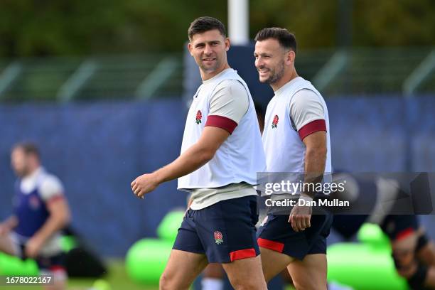 Ben Youngs and Danny Care of England make their way onto the pitch during a training session at Stade Ferdinand Petit on September 13, 2023 in Le...