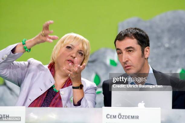 Claudia Roth , Federal Party Chairwoman, and Cem Oezdemir, Federal Party Chairman, during the German Greens Party party congress on April 27, 2013 in...