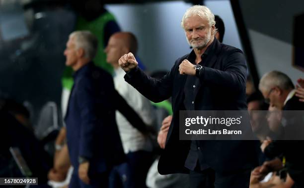 Head coach Rudi Voeller of Germany celebrates during the international friendly match between Germany and France at Signal Iduna Park on September...