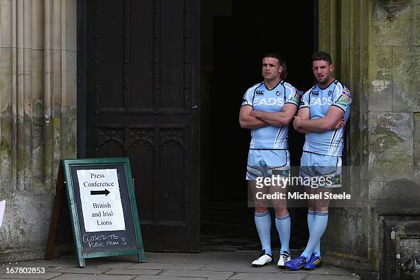 Jamie Roberts and Alex Cuthbert of Cardiff Blues wait outside Margam Castle ahead of a press conference for the Welsh British and Irish Lions players...
