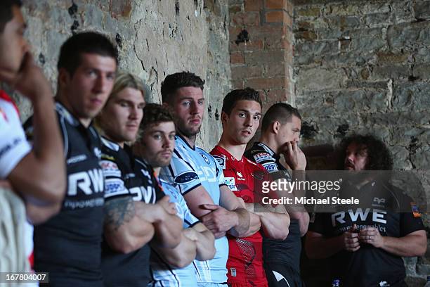 George North of Scarlets and one of fifteen Welsh players selected for the British and Irish Lions summer tour looks on during a press conference...