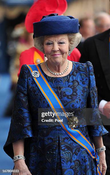 Princess Beatrix of the Netherlands leaves following the inauguration ceremony for HM King Willem Alexander of the Netherlands, at New Church on...