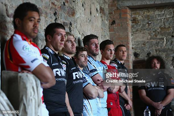 Leigh Halfpenny of Cardiff Blues and one of fifteen Welsh players selected for the British and Irish Lions summer tour looks on during a press...