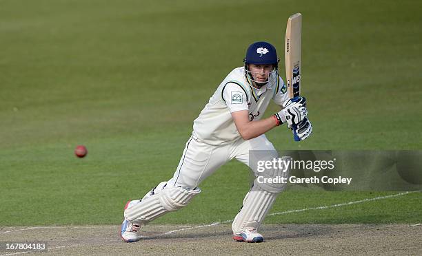 Joe Root of Yorkshire bats during day two of the LV County Championship Division One match between Yorkshire and Derbyshire at Headingley on April...