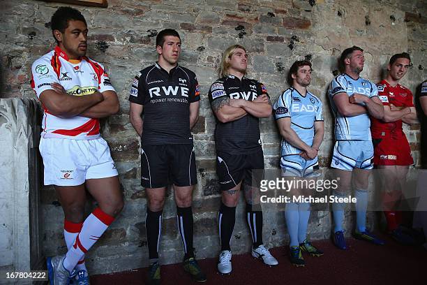 Toby Faletau of Newport Gwent Dragons,Justin Tipuric and Richard Hibbard of Ospreys,Leigh Halfpenny and Alex Cuthbert of Cardiff Blues and George...