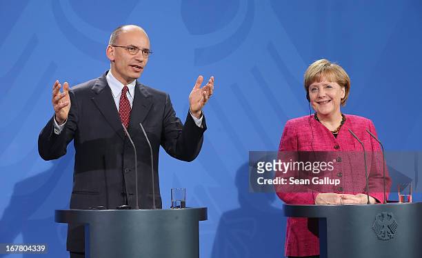 German Chancellor Angela Merkel and Italian Prime Minister Enrico Letta speak to the media following talks at the Chancellery on April 30, 2013 in...
