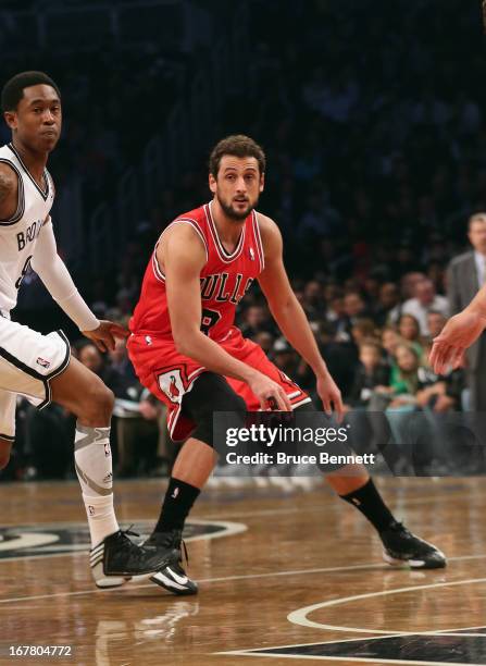 Marco Belinelli of the Chicago Bulls plays against the Brooklyn Nets during Game Five of the Eastern Conference Quarterfinals of the 2013 NBA...
