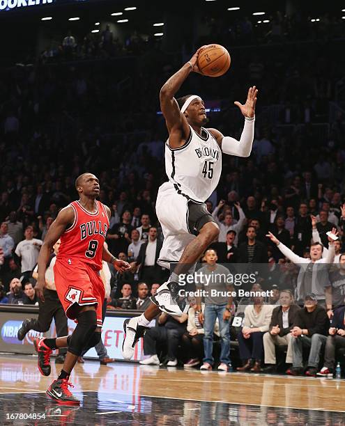 Gerald Wallace of the Brooklyn Nets scores a dunk against the Chicago Bulls with two minutes left in the game to make it 103-91 during Game Five of...
