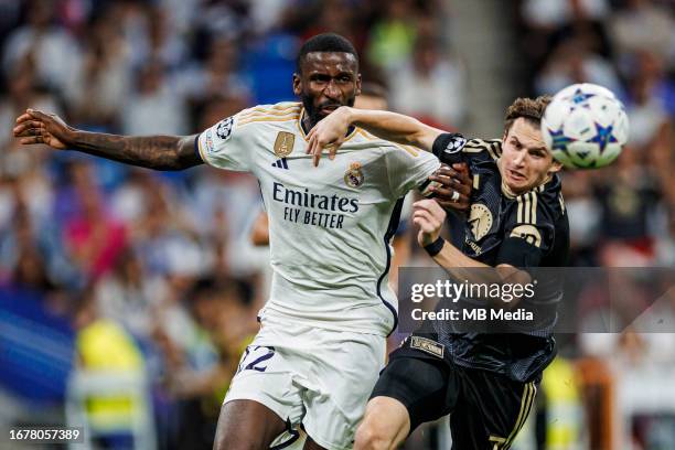 Antonio Rudiger of Real Madrid compete for the ball with Brenden Aaronson of FC Unión Berlín during the UEFA Champions League Group C match between...