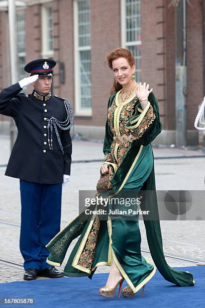 Princess Lalla Salma of Morocco leaves the Nieuwe Kerk in Amsterdam after the inauguration ceremony of King Willem Alexander of the Netherlands, on...