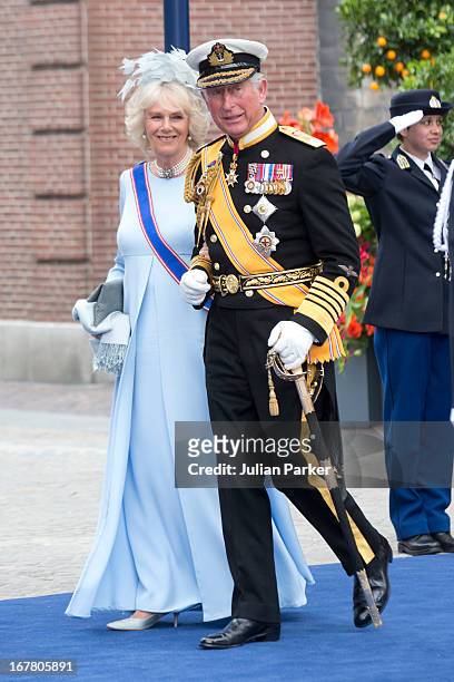 Charles, The Prince of Wales, and Camilla, The Duchess of Cornwall leave the Nieuwe Kerk in Amsterdam after the inauguration ceremony of King Willem...