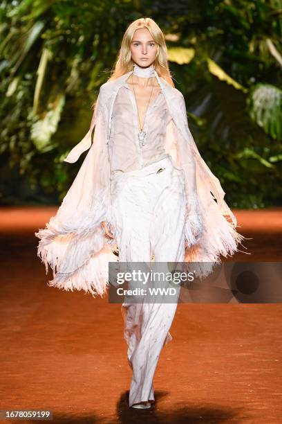 Model on the runway at the Roberto Cavalli Spring 2024 Ready To Wear Fashion Show on September 20, 2023 in Milan, Italy.