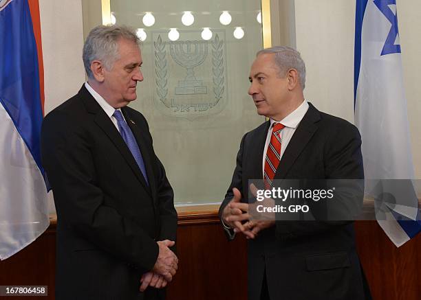 Israeli Prime Minister Benjamin Netanyahu meets with Serbian President Tomislav Nikulitch on April 30, 2013 in Jerusalem, Israel. Nikulitch is...