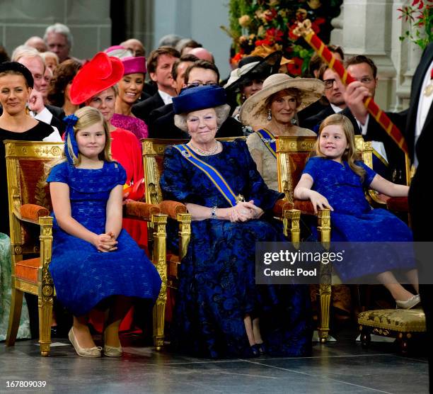 Queen Beatrix of The Netherlands stands with her granddaughters Princess Princess Alexia, Catharina Amalia and Princess Ariane during the...