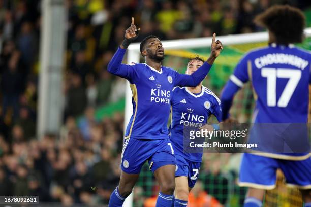 Kelechi Iheanacho of Leicester City celebrates after scoring from the penalty spot to make it 0-1 during the Sky Bet Championship match between...