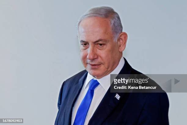 Israeli Prime Minister Benjamin Netanyahu arrives to attend a photo opportunity with UN Secretary-General Antonio Guterres at the United Nations...