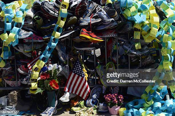 The memorial site in Copley Square to the Boston Marathon bombings is seen on Boylston Street April 30, 2013 in Boston, Massachusetts. Boston...