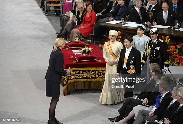 Princess Masako of Japan and Prince Naruhito of Japan attend the inauguration ceremony for King Willem-Alexander of the Netherlands at Nieuwe Kerk on...