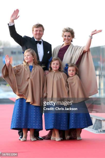 King Willem Alexander; Queen Maxima and their daughters Princess Catharina-Amalia; Princess Alexia and Princess Ariane of The Netherlands arrive at...