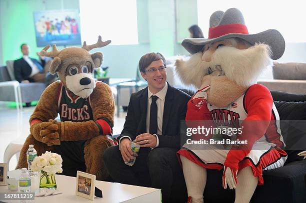 Josh Greenbaum with mascots Hey Reb! and Bango the Buck attend Hulu NY Press Junket on April 30, 2013 in New York City.