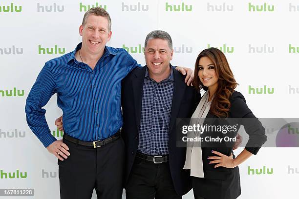 Michael Shipley, Andy Forssell and Eva Longoria attend Hulu NY Press Junket on April 30, 2013 in New York City.