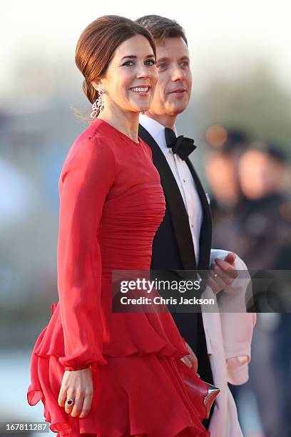 Crown Prince Frederik and Crown Princess Mary of Denmark arrive at the Muziekbouw following the water pageant after the abdication of Queen Beatrix...