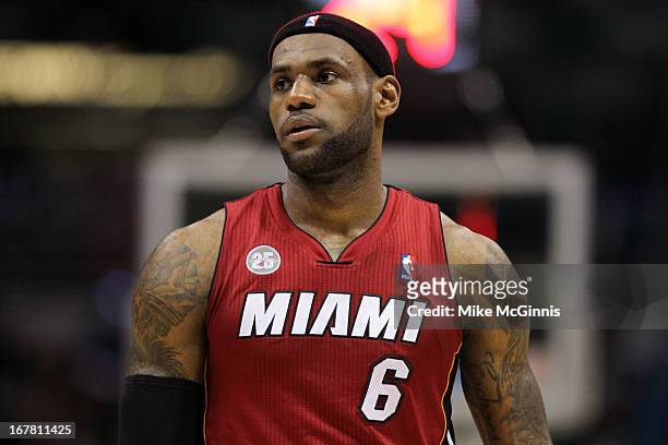 LeBron James of the Miami Heat in action against the Milwaukee Bucks during Game Three of the Western Conference Quarterfinals of the 2013 NBA...
