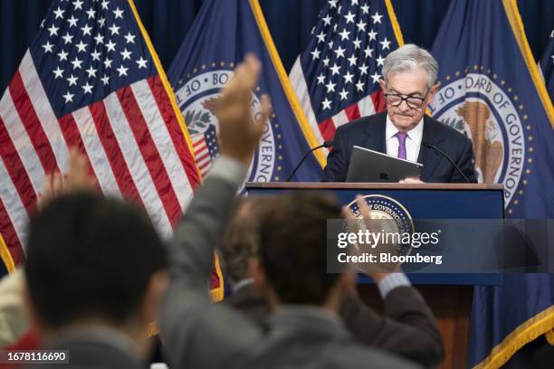 Jerome Powell, chairman of the US Federal Reserve, during a news conference following a Federal Open Market Committee meeting in Washington, DC, US,...