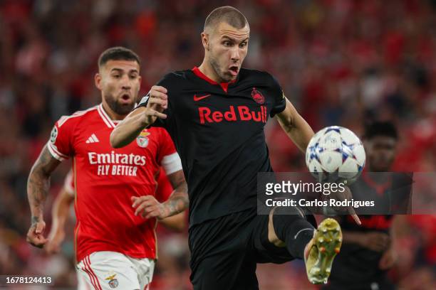 Strahinja Pavlovic of FC Salzburg in action during the UEFA Champions League Group D match between SL Benfica and Salzburg FC at Estadio do Sport...