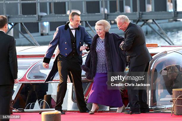 Princess Beatrix of the Netherlands arrives at the Muziekbouw following the water pageant after the abdication of Queen Beatrix of the Netherlands...